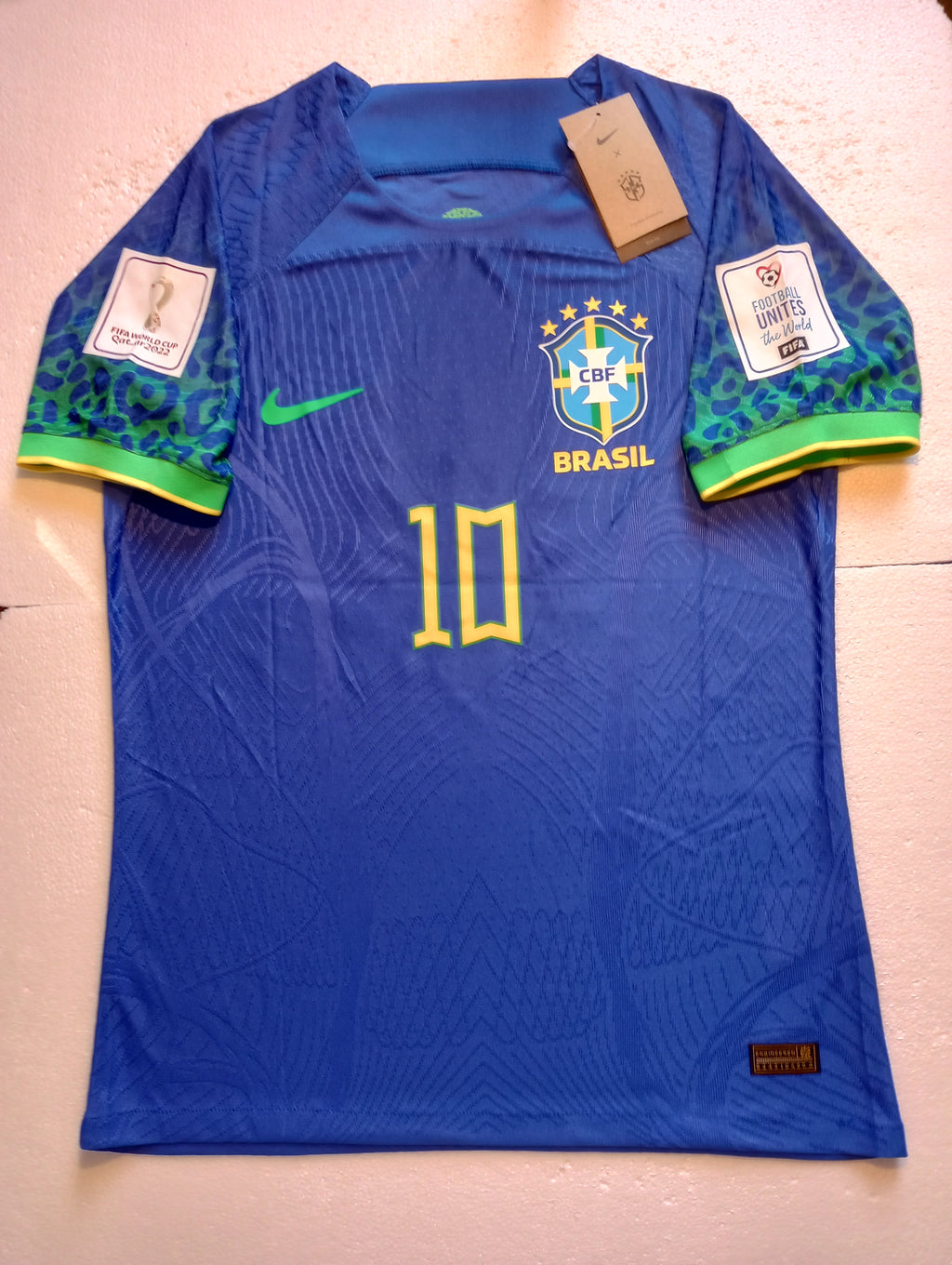 Neymar Jr #10 Brazil 2022 World Cup Qatar Match Slim Fit Blue Away Soccer Jersey