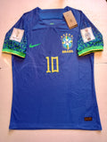 Neymar Jr #10 Brazil 2022 World Cup Qatar Match Slim Fit Blue Away Soccer Jersey