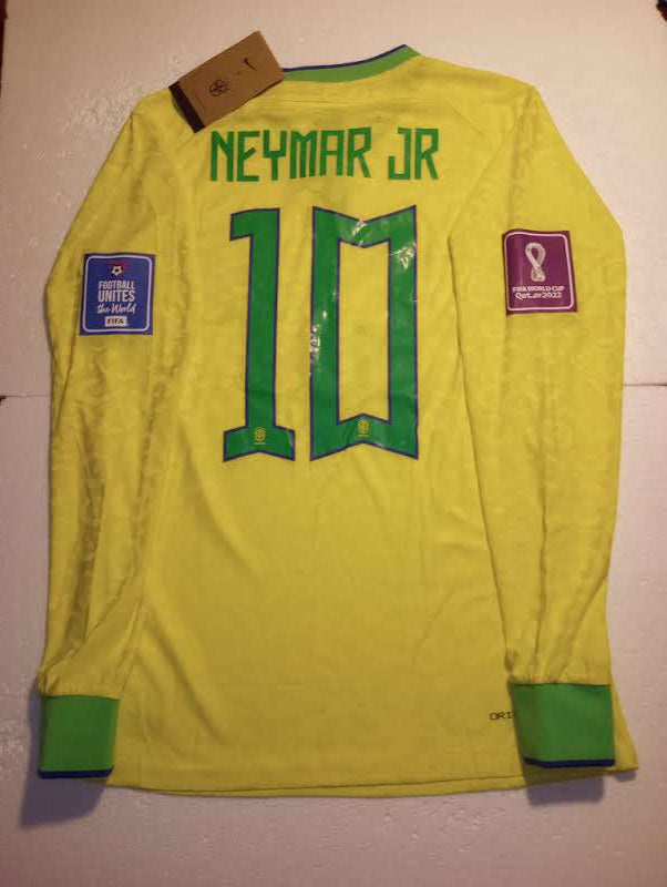 Neymar Jr Brazil 2022 World Cup Qatar Match Slim Home Long Sleeve Soccer Jersey