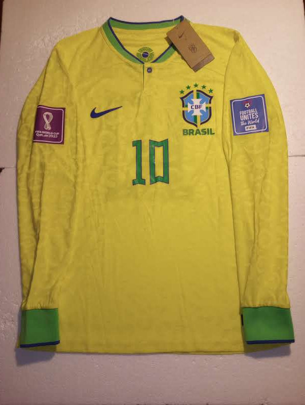 Neymar Jr Brazil 2022 World Cup Qatar Match Slim Home Long Sleeve Soccer Jersey