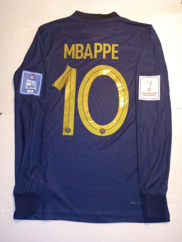 Kylian Mbappe France 2022 World Cup Final Match Home Long Sleeve Soccer Jersey