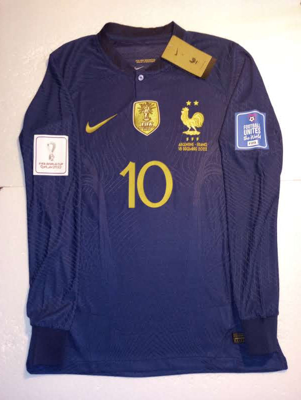 Kylian Mbappe France 2022 World Cup Final Match Home Long Sleeve Soccer Jersey