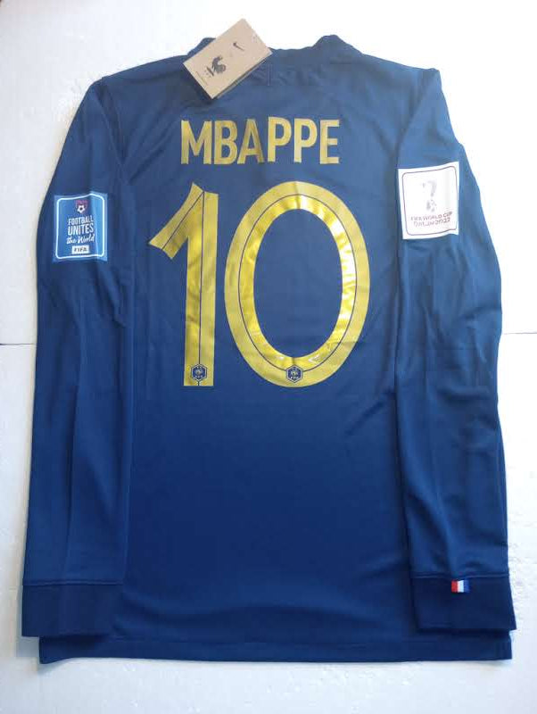 Kylian Mbappe France 2022 World Cup Final Stadium Home Long Sleeve Soccer Jersey