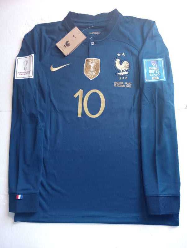 Kylian Mbappe France 2022 World Cup Final Stadium Home Long Sleeve Soccer Jersey