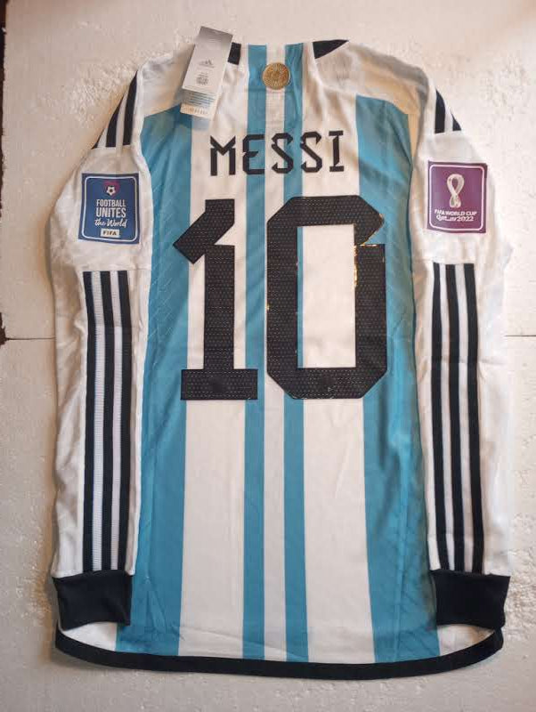 Lionel Messi Argentina 2022 World Cup Final Match Home Long Sleeve Soccer Jersey